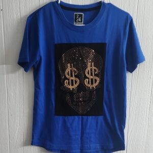 Blue Kids Short Sleeve Tee with Gold Skull Design